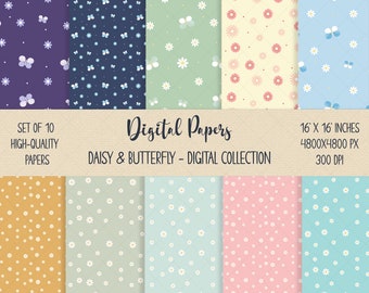 Digitale papierbundel madeliefje en vlinders, vlinders verjaardagspapier, bloemen inpakpapier, digitale papierbundel voor kinderen, babyshowerpapier