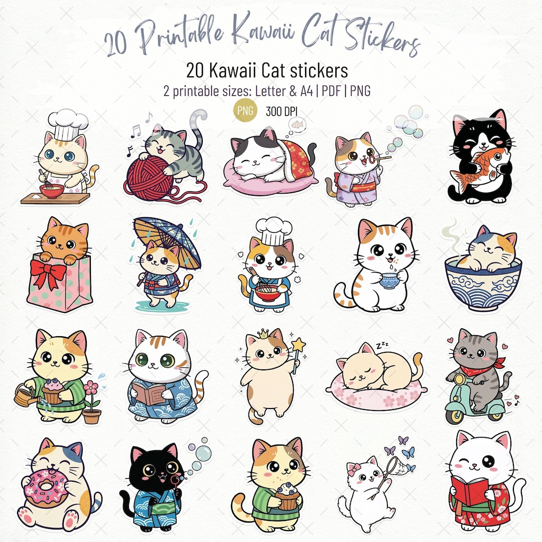 Kawaii Cat Stickers Pack | Cute Cat Activities Stickers | Printable PNG ...