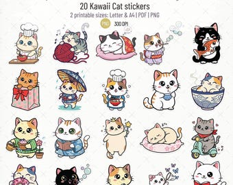 Kawaii Cat Stickers Pack | Cute Cat Activities Stickers | Printable PNG & PDF | Planner, Journal, Scrapbook Stickers