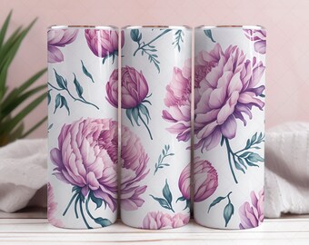 Vaso delgado de 20 oz con diseño de peonía rosa, envoltorio recto de acuarela, envoltorio floral PNG de 20 oz, diseño de sublimación, envoltorio cónico
