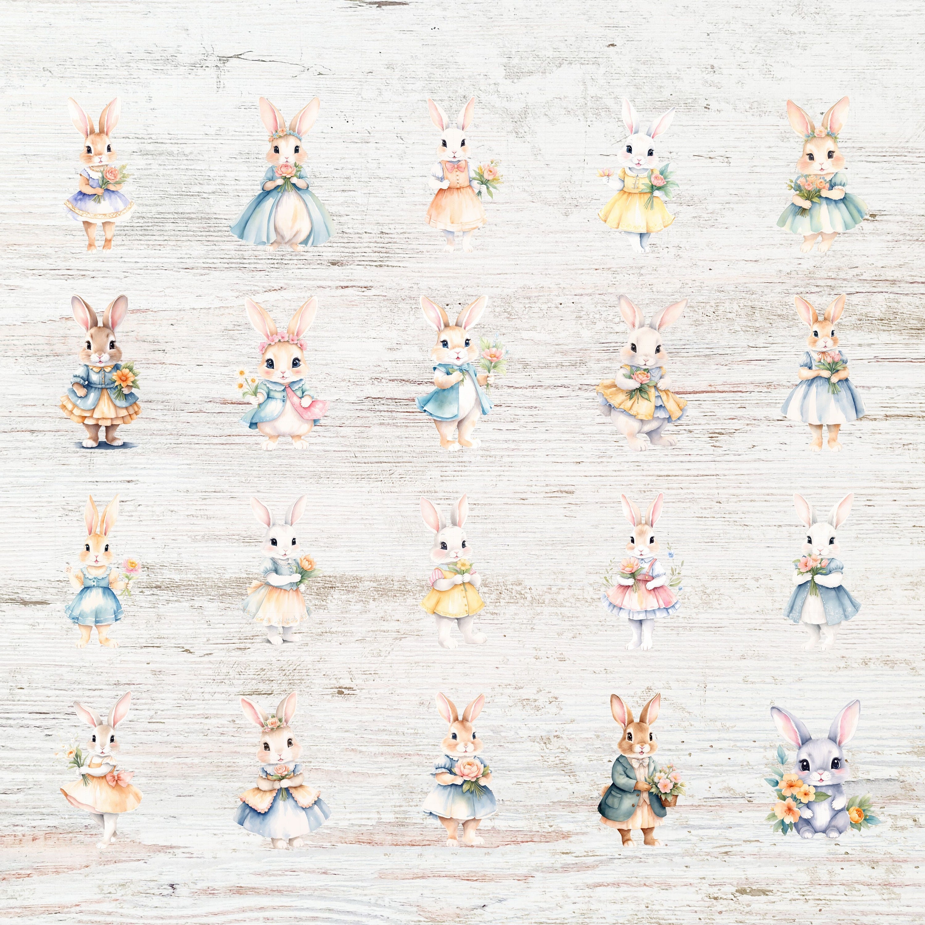 Bunny PNG Clipart Bundle, Watercolor Rabbit Illustration Set, Cartoon ...