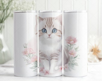 Cat 20oz Skinny Tumbler, Watercolor Straight Tumbler Wrap, Funny Cat, Floral PNG 20oz Wrap, Sublimation Design, Wrap Tumbler, Tapered Wrap