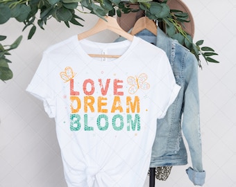 Sublimación bohemia PNG, Love Dream Bloom PNG, Diseño bohemio PNG, Diseños de camisetas, Sublimación retro, Hippie PNG, Estilo bohemio