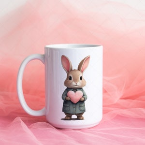 Niedliches Häschenbecher-Verpackungsdesign, Aquarell-Kaninchenbecher-Sublimationsdesign, Geschenk für Lehrer, 11 & 15 Unzen Häschen-Kaffeetasse-Verpackung PNG, Valentinstag