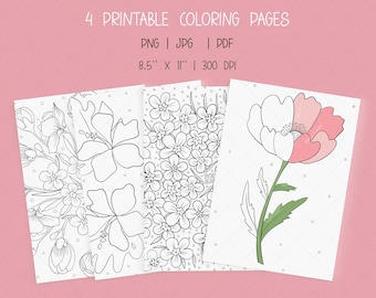 Dibujos de flores para colorear, dibujos para colorear de Procreate para adultos y niños, dibujos de primavera para colorear, dibujos florales imprimibles digitales, relajación