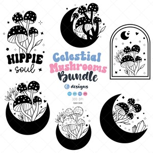 Paquete SVG de hongos celestiales, SVG de hongos brujos, paquete SVG de sublimación, archivo de corte, paquete SVG de hongos místicos, archivos Cricut, Boho Png