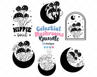 Celestial Mushrooms Bundle SVG, Witchy Mushrooms SVG, Sublimation Bundle Svg, Cut File, Mystical Mushroom SVG Bundle, Cricut files, Boho Png