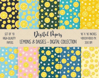 Paquete de papeles digitales de limones, papel digital de frutas para álbumes de recortes, papel de flores para cumpleaños, papel de regalo de verano, regalo para la abuela, papel digital de primavera