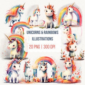 Watercolor PNG Unicorns, Illustrations Bundle, Cartoon Rainbows, 20 PNG Transparent Digital Clipart, Scrapbooking & Stickers, DIY Project