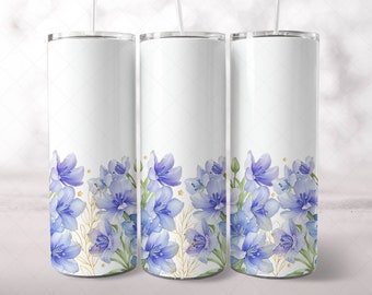 Bluebells 20oz Skinny Tumbler, Watercolor Straight Tumbler Wrap, Floral Gold PNG 20oz Wrap, Sublimation Design, Wrap Tumbler, Tapered Wrap