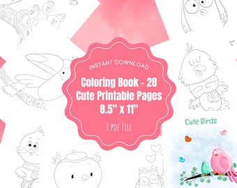 Libro para colorear de pájaros adorables, páginas para colorear en PDF para adultos y niños, libro infantil, páginas para colorear de personajes adorables, libro digital imprimible
