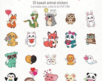 Hoja de pegatinas kawaii de San Valentín / Pegatinas lindas de febrero / 20 pegatinas imprimibles de animales amorosos / Descarga instantánea en PDF y PNG