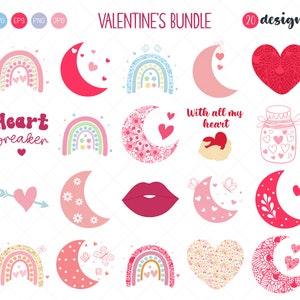 Paquete de imágenes prediseñadas SVG de San Valentín, Lunas celestiales SVG, Paquete de arcoíris rosados SVG, Paquete de sublimación de amor Svg, Archivo de corte, Archivos Cricut, Amor Svg