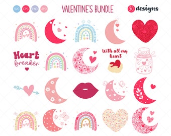 Valentine SVG Clipart Bundle, Celestial Moons SVG, Pink Rainbows SVG Bundle, Love Sublimation Bundle Svg, Cut File, Cricut files, Love Svg