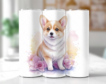 Cute Corgi Dog 20oz Skinny Tumbler, Watercolor Straight Tumbler Wrap, Welsh Corgi PNG 20oz Wrap, Sublimation Design, Tapered Tumbler Wrap