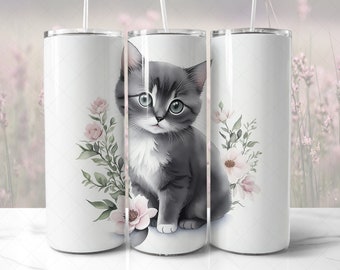 Cute Black Cat 20oz Skinny Tumbler, Watercolor Straight Tumbler Wrap, Floral Cat PNG 20oz Wrap, Sublimation Design, Tapered Tumbler Wrap