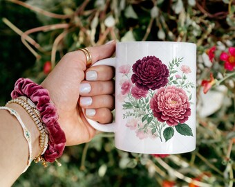 Vintage Flowers Mug Wrap, Watercolor Floral Mug Sublimation Design, Burgundy Chrysanthemum Flowers 11oz Coffee Cup Wrap, 15oz Mug Wrap PNG