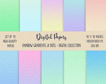 Rainbow Gradient Digital Paper Bundle, Dots Paper, Mermaid, Children Digital Paper Bundle, Birthday Paper, Baby Shower Paper, Children Paper