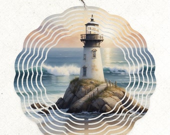 Lighthouse Spinner Wrap Design, Watercolor Sea Sublimation PNG Design, 10-inch Wind Spinner Design, Summer PNG, Beach Sublimation Design