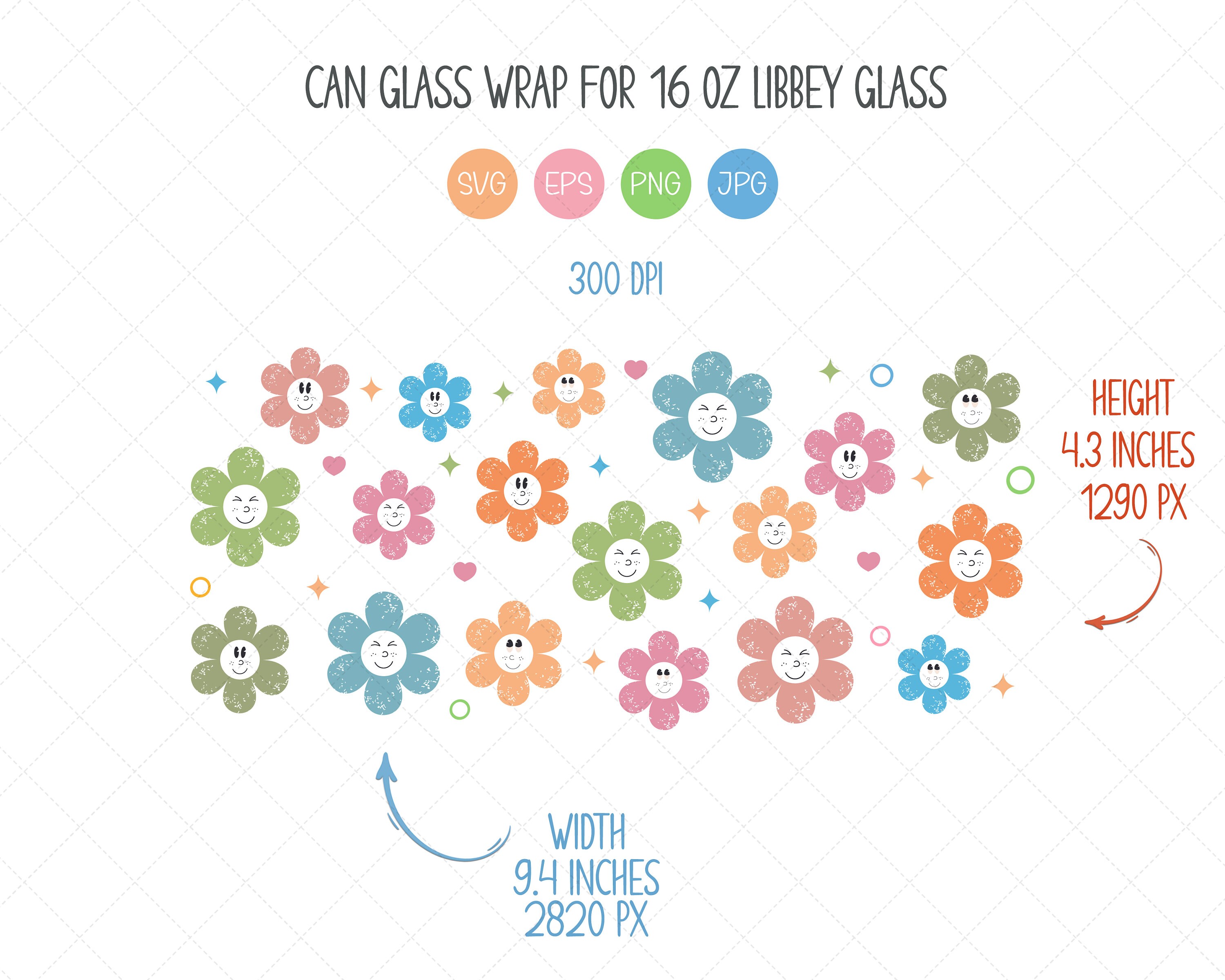 Retro Flowers Wrap SVG for Libbey Can Glass 16oz, Retro Flowers Can ...