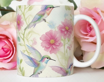 Vintage Watercolor Hummingbirds Mug Wrap, Watercolor Floral Mug Sublimation Design, 15oz Mug Wrap PNG, Colibri Coffee Mug PNG 11oz Wrap