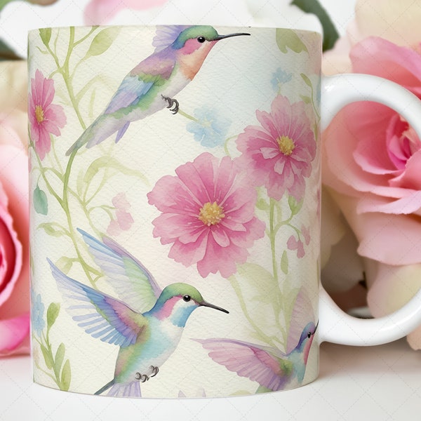 Vintage Watercolor Hummingbirds Mug Wrap, Watercolor Floral Mug Sublimation Design, 15oz Mug Wrap PNG, Colibri Coffee Mug PNG 11oz Wrap