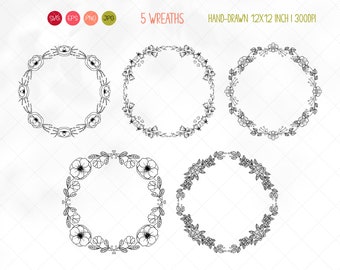 Hand Drawn Floral Wreaths SVG: Summer Line Art Clipart (Commercial Use)