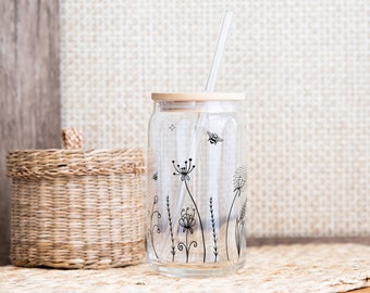 Wildflowers Bee Libbey Glass Can Wrap SVG, 16oz Coffee Cup (Digital Download)