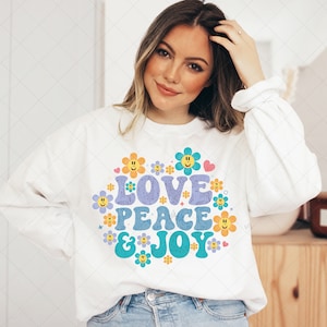 Amor, paz y alegría hippies PNG, Flor hippie PNG, Verano bohemio PNG, Sublimación vintage PNG, Sol retro, Diseño de camiseta bohemio, Retro con estilo