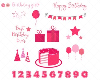 Pink Birthday Clip Art PNG Overlays (Digital Download)