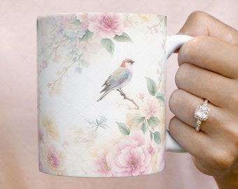 Diseño de acuarela de pájaros y flores para tazas: 11 oz y 15 oz (descarga digital en formato PNG).