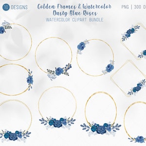 Marcos dorados y rosas azules polvorientas de acuarela, rosas azules oscuras y azules claras polvorientas de acuarela, rosas de acuarela PNG, marco dorado circular Png