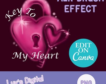 Heart and Lock Airbrush PNG File, 90s Chicano Style (Editable on Canva)