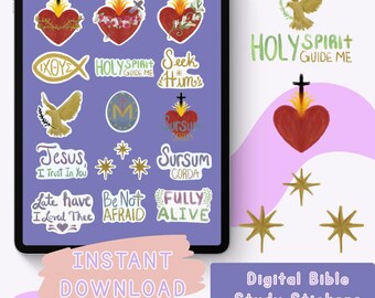 Christian Digital Stickers for Bible Study & Planners, Hand Drawn Watercolor Sacred Heart of Jesus Mary Joseph, Catholic Digital Download