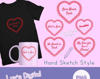 Valentines Christian Digital Stickers hearts, Hand drawn, Catholic Digital Download