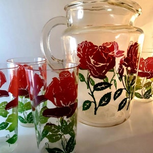 Mid Century Vintage Red Rose Glass Pitcher Glasses Set