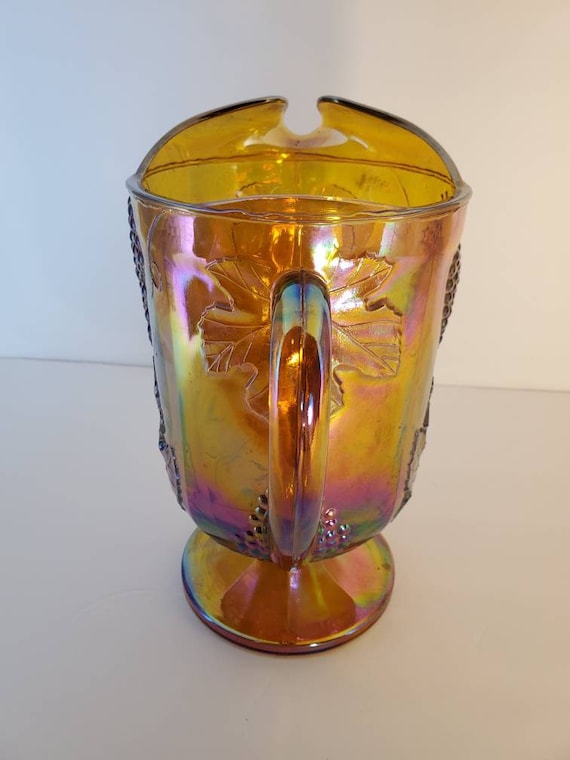 Vintage Marigold Amber Carnival Glass Pitcher Grape Leafs Water