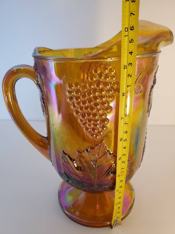 Vintage Marigold Amber Carnival Glass Pitcher Grape Leafs Water
