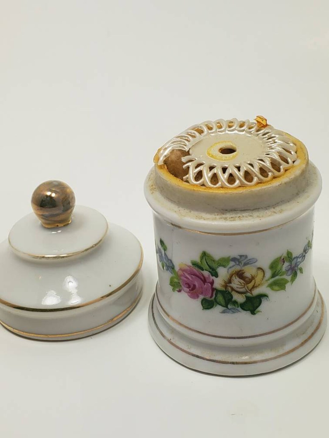 Antique Dusting Powder Porcelain Jar With Powder and Powder Poof ...