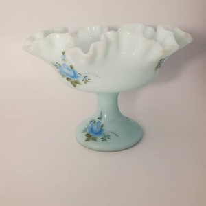 Vintage Fenton Pedestal Bowl Glass Blue Satin Ruffled Footed Compote Signed B. Wilcox Pedestal Dish - Hand Painted Fenton Art Glass