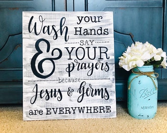 Wash your hands and say your prayers/ bathroom decor/ farmhouse frames/ wood signs/home decor/ rustic decor/pallet sIgn