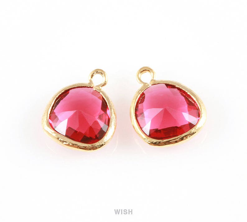 Medium Framed Drop Glass Gem Birthstone July Ruby 13mm x 16mm GRBG-004-P Ruby Faceted Glass Charm in Gold