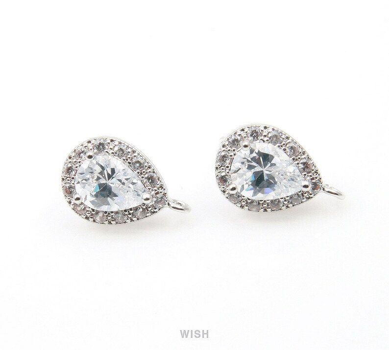 12 Sub Cubic Zirconia Silver Cubic Zirconia Ear Post 9.6mm x 14.6mm CRH-003-E Teardrop Cubic Ear Post in Rhodium