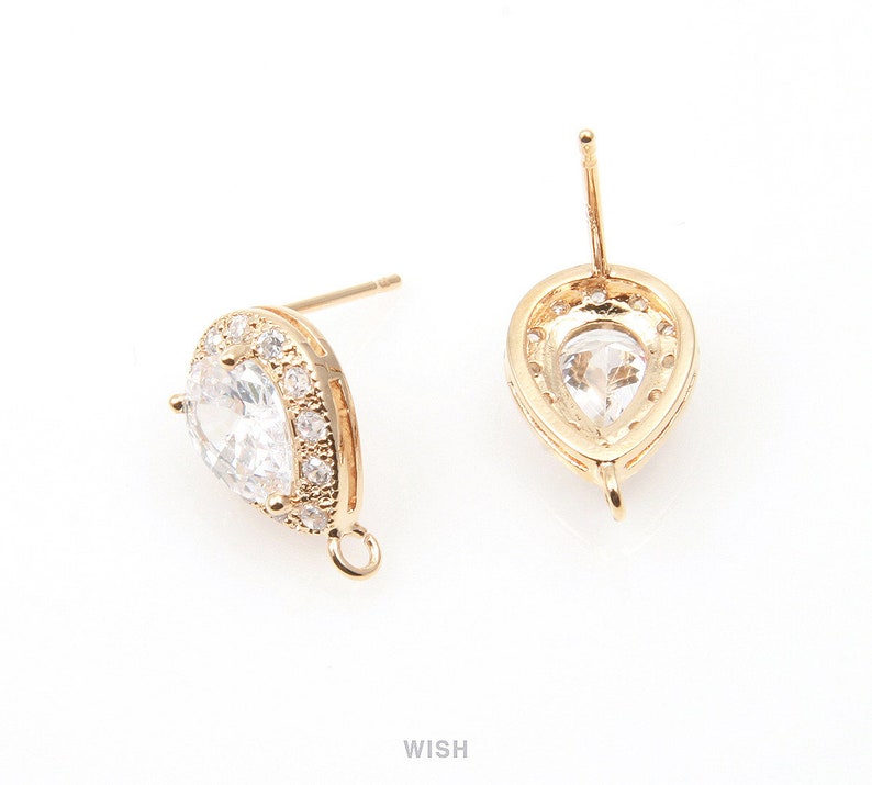 12 Sub Cubic Zirconia Silver Cubic Zirconia Ear Post 9.6mm x 14.6mm CRH-003-E Teardrop Cubic Ear Post in Rhodium