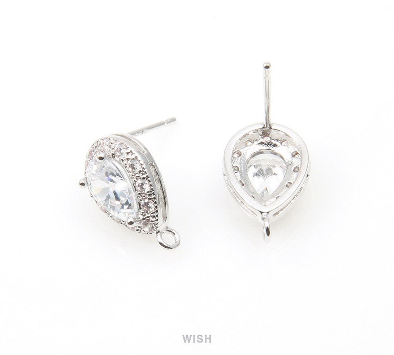 12 Sub Cubic Zirconia Silver Cubic Zirconia Ear Post 9.6mm x 14.6mm CRH-003-E Teardrop Cubic Ear Post in Rhodium