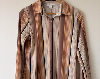 Blusa a rayas Sussan / Camisa de manga larga abotonada estilo años 90 / Top vintage marrón inspirado en los años 70