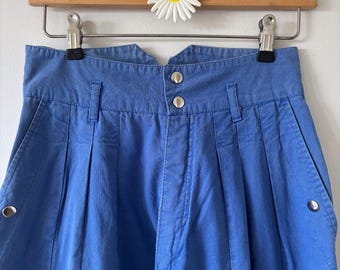 Vintage 1980s Bullit Parachute Pants | High Waisted Blue Cotton | Press Stud Detail
