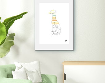 Dog Dog Pet Baby Animals - Italian Line Art Repro Print Giclée Gift Illustration Decor Home Wall Art Greyhound Illustration