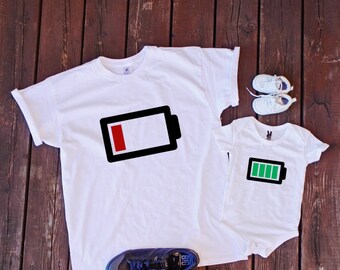 Father and baby matching battery shirts. Mommy and baby shirts.