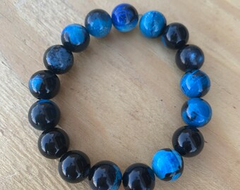 Aqua Blue Beaded Bracelet: Black & Blue Gemstone, 7 inch